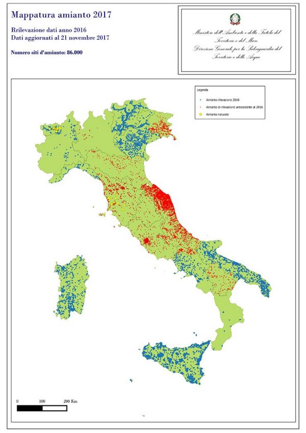 Map of Italy showing number of asbestos sites