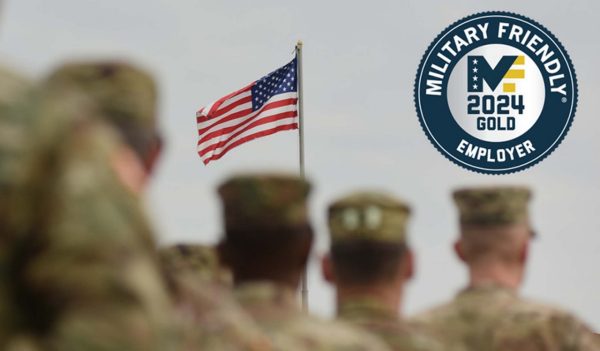Men in uniform with the American flag and Military Friendly logo