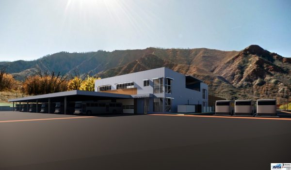 Rendering of the exterior building and site with mountains in the background