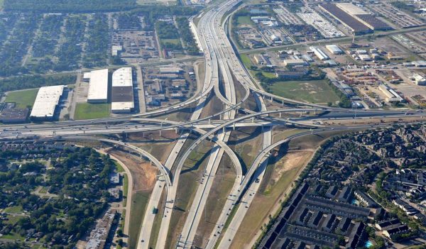 Aerial view of the interchange and highway with toll lanes