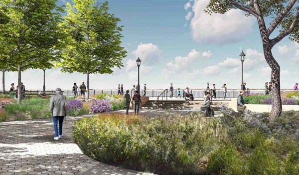Rendering of walkway, people, and landscaping along the water