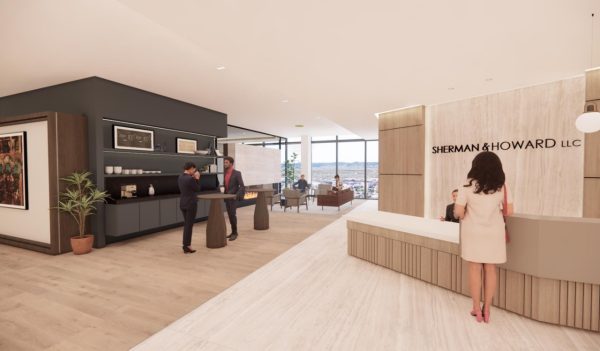 Rendering of reception desk and seating