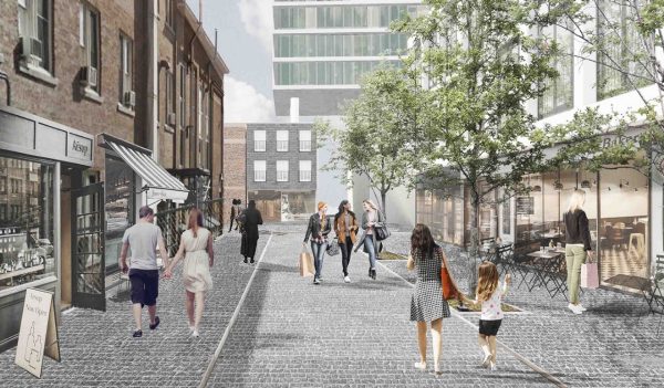 Rendering of proposed new development with pedestrian walkways.