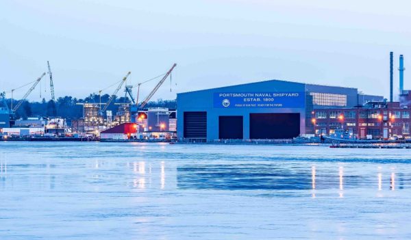 Portsmouth Naval Shipyard during a winter sunrise - Portsmouth, New Hampshire.