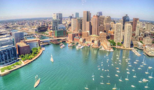 Boston, Massachusetts Skyline from above by Drone during Summer Time