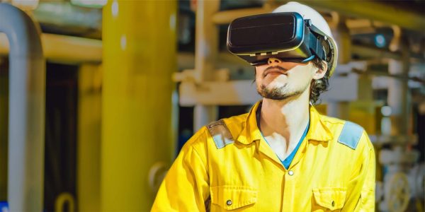 Worker wearing AR/VR googles