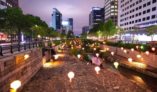 Cheonggyecheon Stream at night, Seoul South Korea