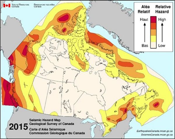 Map of Canada showing seismic hazard areas