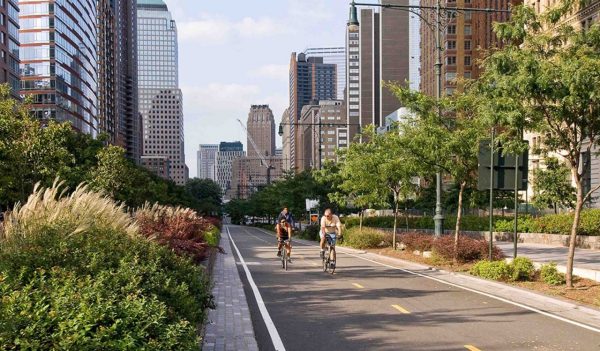 Cyclists on urban bike lane