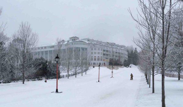 Looking up the driveway to Grand Hotel on Mackinac Island, Michigan during the winter.