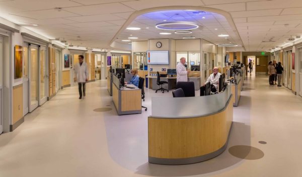 EvergreenHealth Medical Center in Kirkland, Washington, patient room corridor and nurse station.