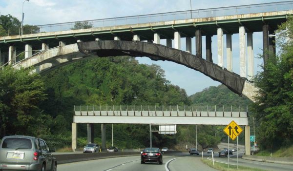 A second bridge underneath the Greenfield Bridge in Pittsburgh, undergoing repairs.