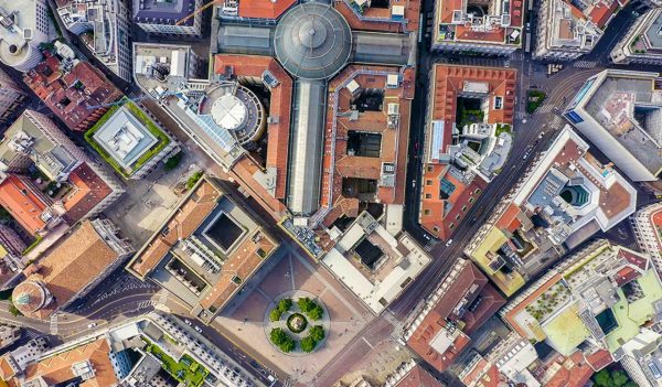 Milan, Italy. Gallery of Victor Emanuel II 1865-1877 year of construction. Roofs of the city aerial view, Aerial View, HEAD OVER SHOT