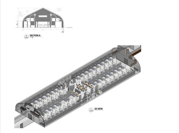 Schematic design of the temporary COVID-19 Treatment Centre at the Peter Lougheed Centre in Calgary, Alberta.