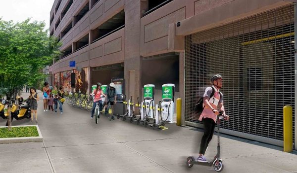 Rendering of e-scooter and e-bike charging stations