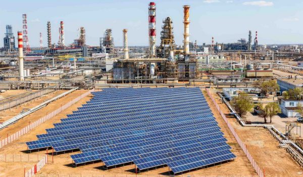 Solar panels installed on the territory of the petrochemical complex to meet the plant's own electricity needs