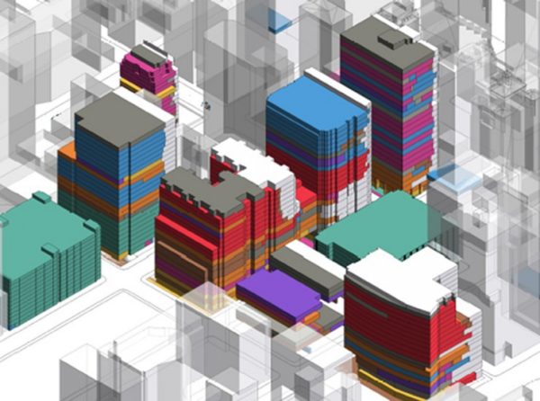 3D data visualization model of buildings with color blocks.