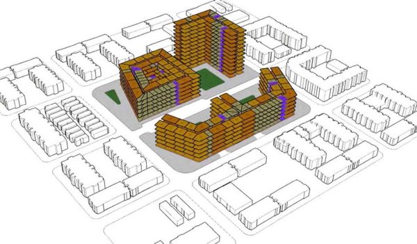 3D graphic of a building model.