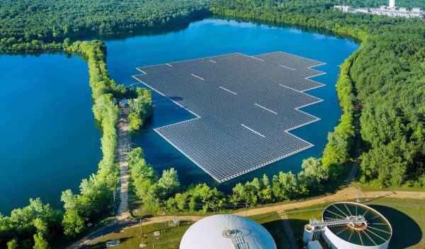 Aerial view of floating solar panels cell platform on the beautiful lake