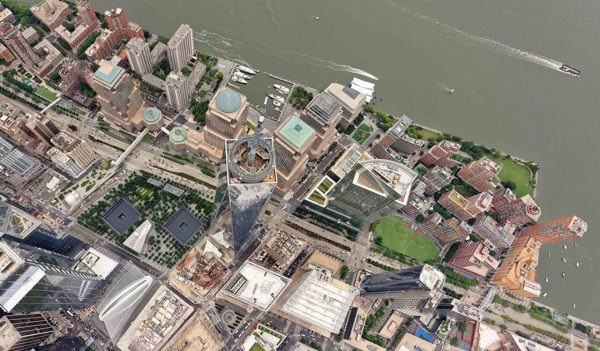 Wide-angle aerial view over World Trade Center, looking down