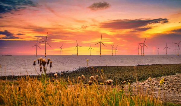 Offshore wind farm off the England coast at sunset