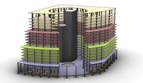 3D conceptual model of the building showing the structural grid.