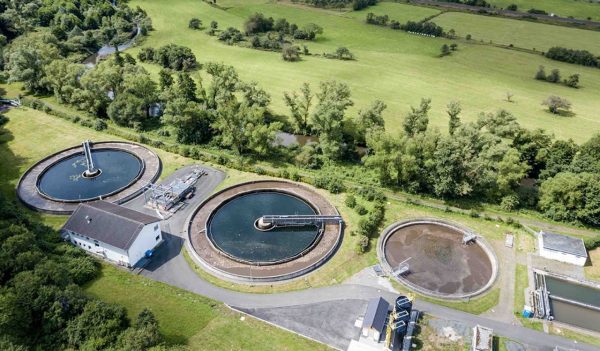 Aerial view of a small sewage treatment plant
