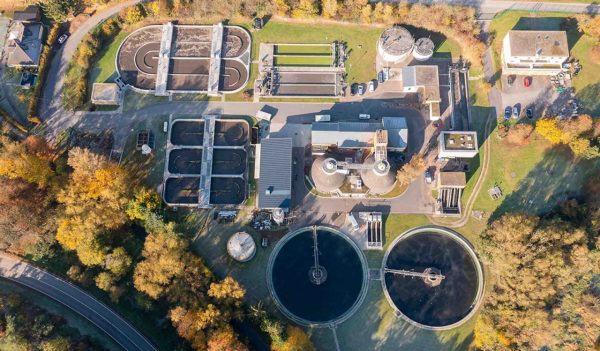 Bird's eye view of a small sewage treatment plant in the Taunus / Germany in autumn 