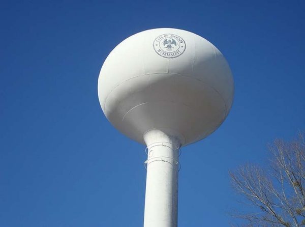 View of Jackson water tower with blue sky.
