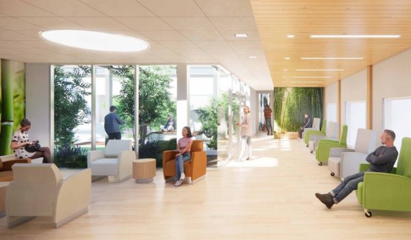 Interior rendering of a patient waiting area with natural light.