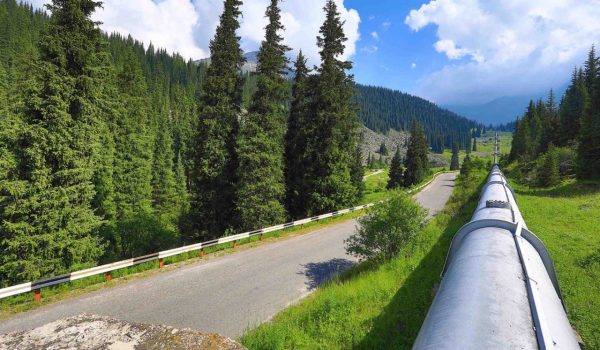 Oil pipeline running along a roadway in the mountains in the summer.