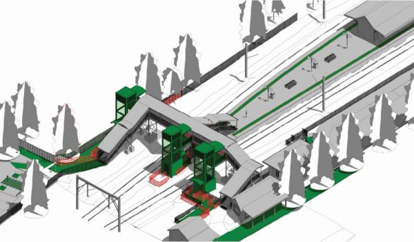 3D illlstration of a train station with proposed accessibility upgrades.