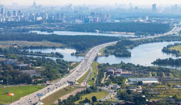 Above view of Novorizhskoye Shosse of Russian route M9 Baltic Highway over Moskva river