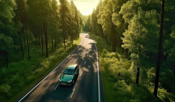 Electric car (EV) driving down a road in the forest.