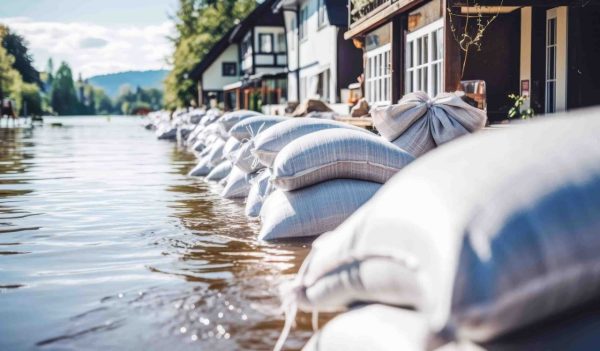 Full line of flood protection sandbags protecting houses from water, flood emergency