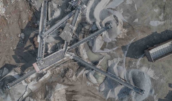 Aerial view of the crushing machines in a gravel quarry.