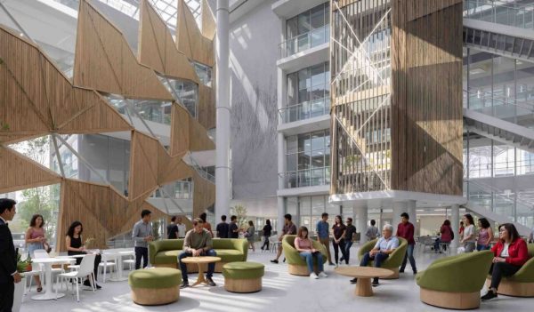 AI generated rendering of an interior lobby with tables and chairs for seating with wood architetural elements along the window wall.