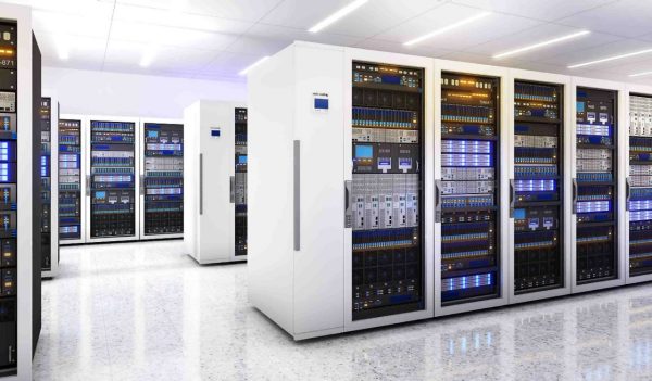 White storage and processing unit, large AI processing server room, data center storage and network processing room, SSD and hard disk drive storage, and processor cooling system,3D rendering