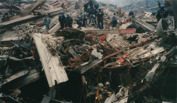 First responders assessing the wreckage of the World Trade Center after 911.