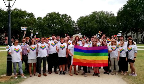 Group picture of Stantec employees celebrating pride week