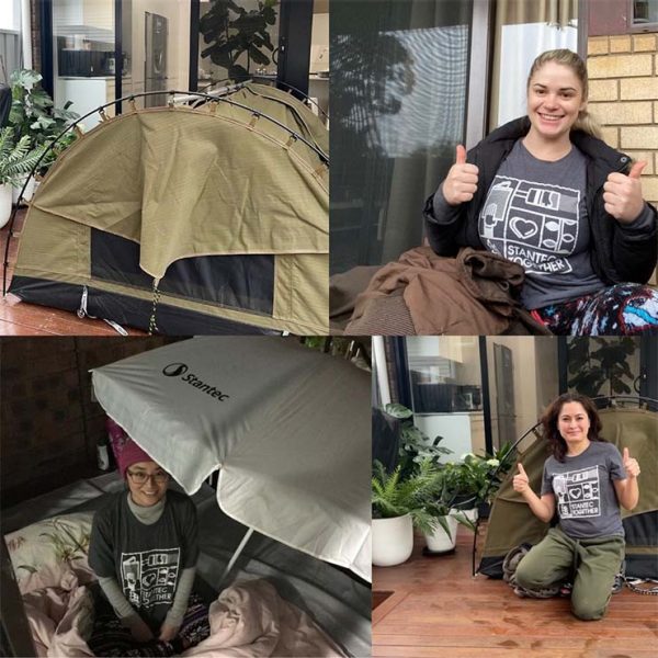 Collage of Meisha Stevens, Anh Ho, Anu Pandey camping outside.