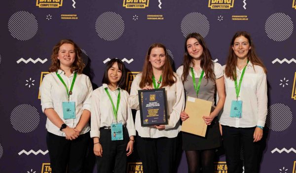 Group photo of student award winners - Alberta Fryer, Florence Burton, Phoebe Hill, Manaka Koreyasu, and Sophie Farmer