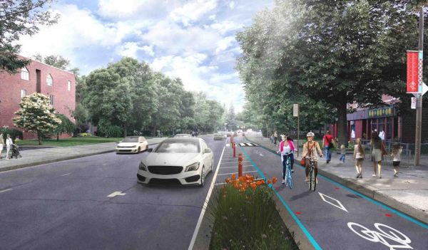 Rendering of proposed roadway with pedestrian and bike lanes.