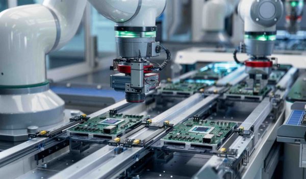 Component Installation and Quality Control of Circuit Board. Fully Automated PCB Assembly Line Equipped with High Precision Robot Arms at Electronics Factory.
