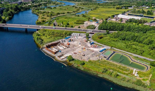 Aerial view of the Galway City Water Intake Works facility under construction along the river.