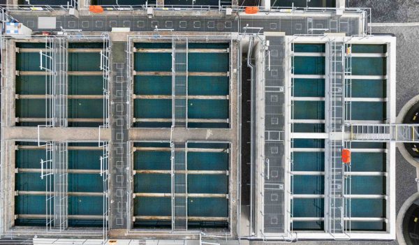 Aerial view of water treatment tanks.