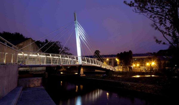 View of the O'Shaugnessay walking bridge at night with lights.