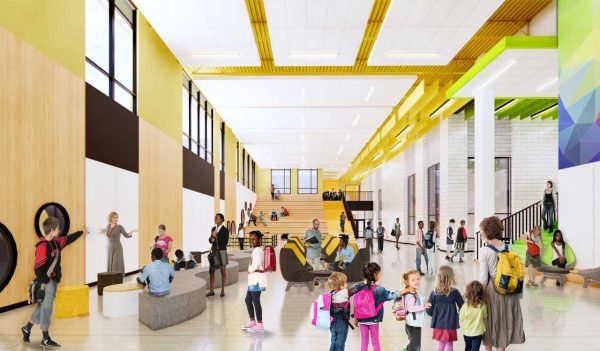 Rendering of interior community space with children and adults