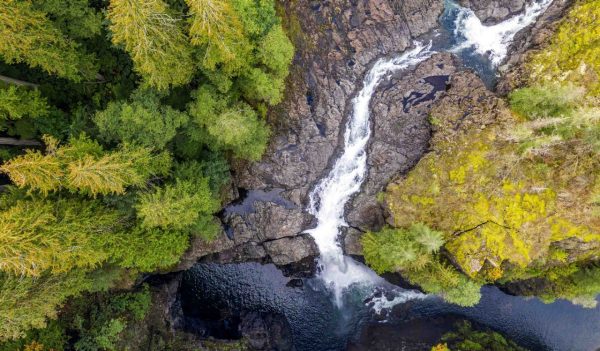 Aerial view of Elk Falls on Vancouver Island, Canada