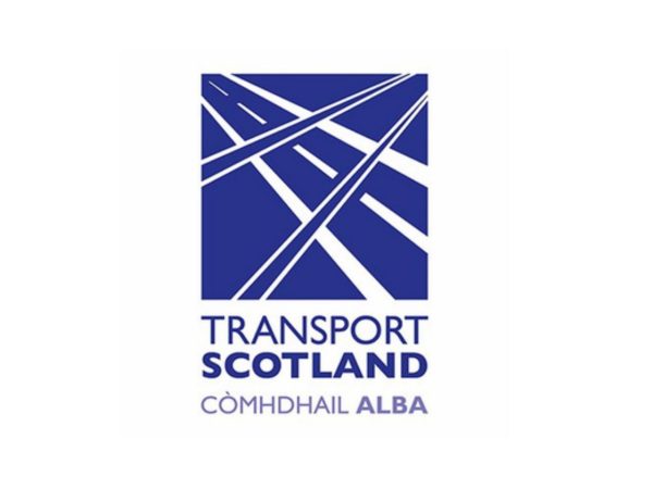 Logo of Transport Scotland with blue background and white roads